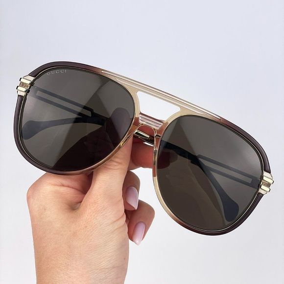 🔥Gucci GG1104S 003 Sunglasses Transparent Brown Gold Brown Pilot Unisex - Picture 3 of 12